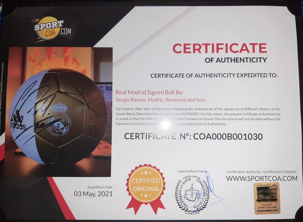 Certificado SPORTCOA Balón Real Madrid, Varias Firmas